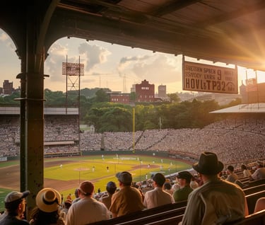 fans sitting in bleachers at the stadium, with players on the field preparing for the next pitch