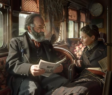 gentleman in a dark coat and cravat seated in a lavishly upholstered railway carriage, reading