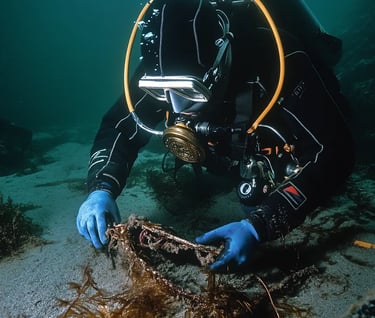 Divers in 1970s neoprene suits and twin tanks hover by an encrusted capstan