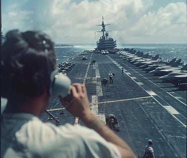 American aircraft carrier on high alert, F-8 Crusader fighter jets lined up on the deck