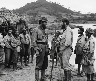  Henry Morton Stanley, dressed in a rugged explorer’s uniform, stands face-to-face with Livingstone