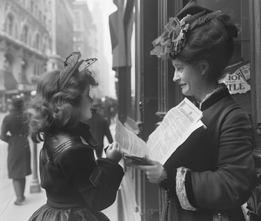 a suffragist reading a breaking news bulletin outside a newspaper office