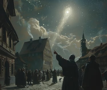  villagers gathered at night, pointing at the supernova with expressions of awe and fear.