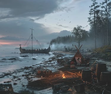 the crew sets up a makeshift camp. Smoke rises from a newly lit fire