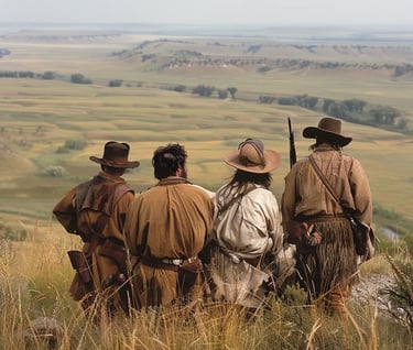 group of pioneers in buckskin clothing, standing atop a grassy hill