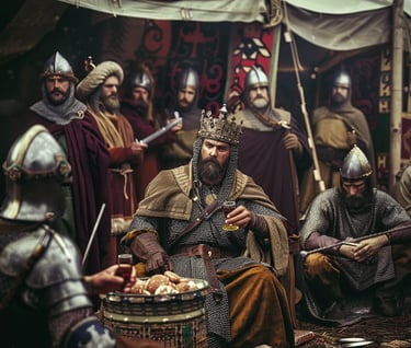  William, Duke of Normandy, seated on a makeshift throne inside a richly decorated tent