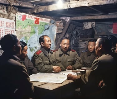  Mao Zedong and other Communist leaders gathered in a modest, dimly lit cave dwelling