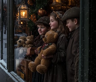 Children outside a store gazing through frosted glass at plush teddy bears in display