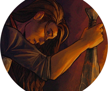 an illustration depicting a long-haired character with brown skin kneeling and holding a sword.