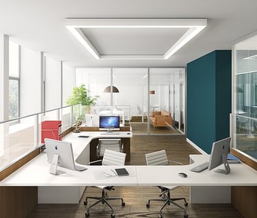 renovation bureaux tendance avec cloison vitrée et postes de travail