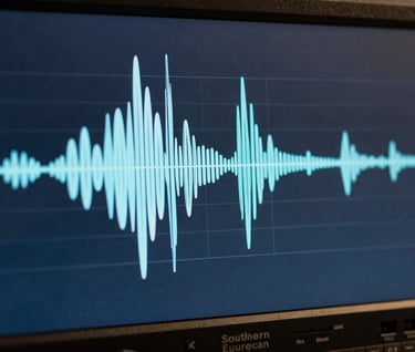 A macro shot of sound waves displayed on a high-resolution studio monitor. The image is technical and artistic, with colors reflecting the brand's muted blue palette. Southern European / Spanish post-production suite.