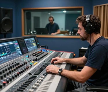 Candid photograph of a professional sound engineer working at a large console in a sleek, modern studio. A Southern European musician is visible through the booth glass in the distance. The lighting is soft and focused, emphasizing a palette of navy and slate blue.