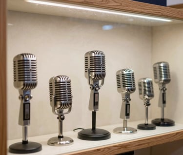 An array of vintage microphones stored in a dedicated wood and glass cabinet. The lighting is sophisticated, emphasizing quality and history. Colors: Off-white and dark navy. Southern European / Spanish studio.
