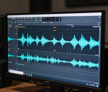 Detail of a large-screen studio monitor showing complex digital audio waveforms and mixing software. Dark, professional control room atmosphere in a Spanish city. Technical mastery and precision, with blue gray and dark navy colors.