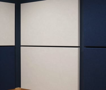 Wide-angle view of a modern acoustic treatment in a scoring stage in Madrid. Minimalist panels in off-white and dark blue. The scene is elegant, clean, and professional, bathed in soft, diffused light.