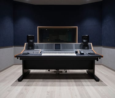 A wide-angle interior photograph of a minimalist, modern recording control room in Spain. Dark navy acoustic treatments on the walls contrast with light grey flooring. The composition is balanced, showcasing a clean and highly polished professional workspace.