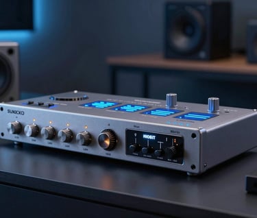 Photography of an audio interface and glowing analog gear in a sophisticated studio setup, Slate Blue lighting accents.