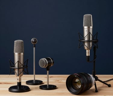 Photography of a Foley recording setup with various props and microphones in a clean studio space, Dark Navy background.