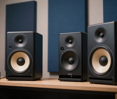 Photography of high-end studio monitors and Steel Blue acoustic panels in a professional recording studio, clean and modern style.