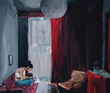 a painting of a woman sitting on a couch
