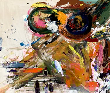 expressive painting showing a gropu of tourists entering some doorway