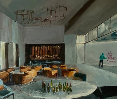 a painting of a restaurant with a table and chairs