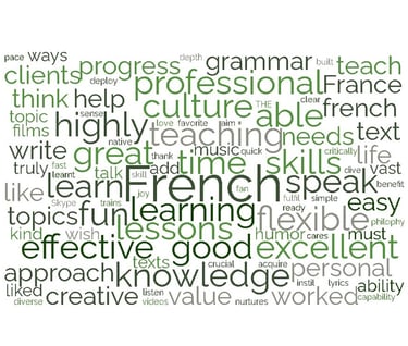 Mur de mots réalisé à partir des recommandations postées sur LinkedIn pour le professeur J-R Lebrun