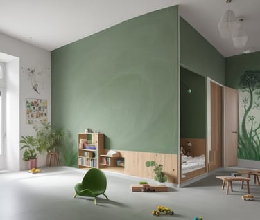 a room with a green chair and a green chair