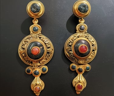 Etruscan Revival dangling earrings with red cabochons