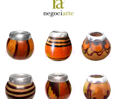 Naturally grown gourds, decorated by hand over an open fire, for drinking mate