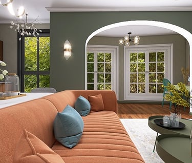 терракотовый диван в дизайне гостиной