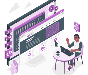 a man sitting at a table with a laptop and website design illustration, css html c++ concept bensyl 