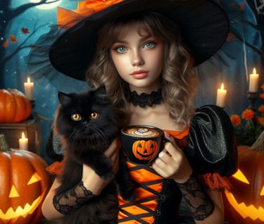 a girl in a witch costume holding a black cat