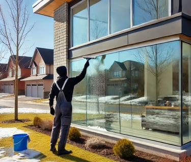 A man cleaning a window with a bucket and squeegee