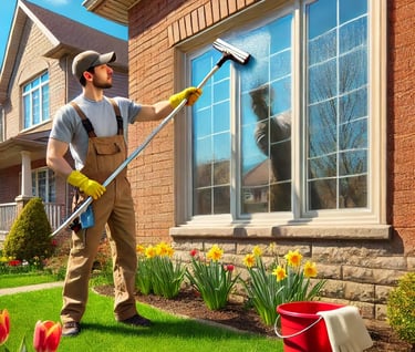 A man in overalls and overalls, a hat and gloves cleanig the windows of a house on spring day.