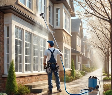 A man in overalls is using a water-fed pole pure water systemr
