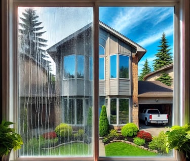 A house with a car parked in front of it seen through a clean window and a soiled window
