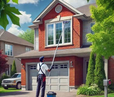 A man in a white shirt is cleaning house windows