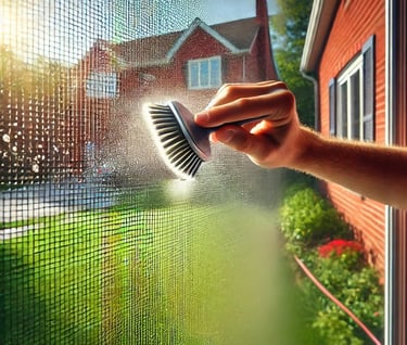 A person cleaning a window screen with a brush