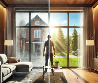 A man standing in front of a window that contrasts a clean side and a grimmy side