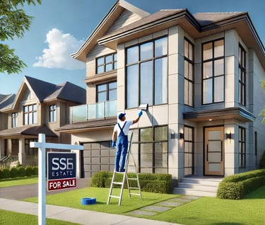 A man on a ladder cleaning the second story windows of a house that is for sale