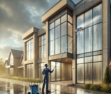 A man in a blue uniform is cleaning the windows of a modern house after a rain storm
