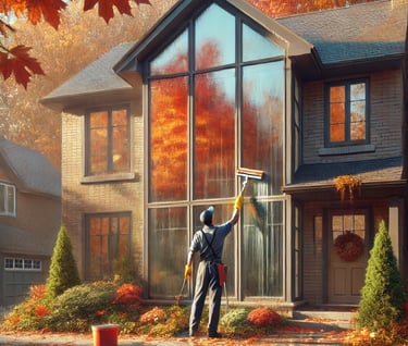 A man is cleaning the windows of a modern house in the fall