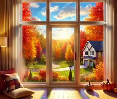 A window with a clear view of a house and autumn decorations
