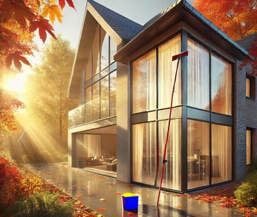 A house with a bucket and a window cleaning mop in the yard on a autumn day