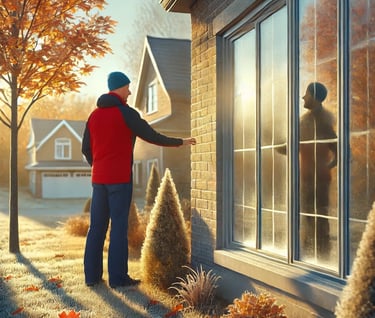 A man standing in front of his house examining his windows