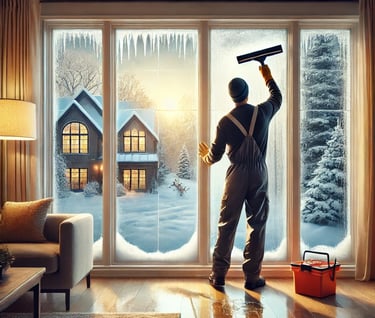 A man in overalls is cleaning the windows inside of a house on a winter day