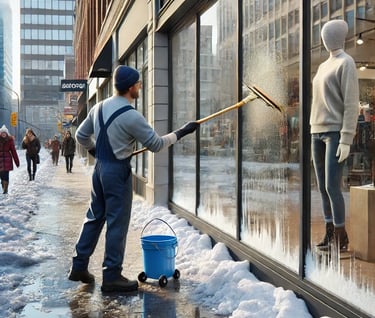 A man cleaning a storefront window in the winter with a bucket and squeegee