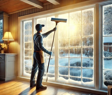 A man cleaning a window with a squeegee inside a house in the winter