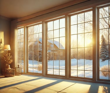 A living room with a large set of french pane windows